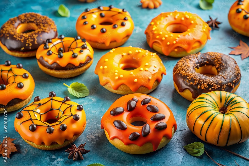 Vibrant orange and yellow donuts with creative Halloween-themed toppings and decorations sit neatly arranged on a bright blue background, perfect for autumn festivities. Vibrant orange and yellow donuts with creative Halloween-themed toppings and decorations sit neatly arranged on a bright blue background, perfect for autumn festivities.