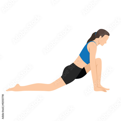 Woman doing Crescent Low Lunge Pose Variation Hands Toes or Anjaneyasana Variation Hands Toes. Flat vector illustration isolated on white background