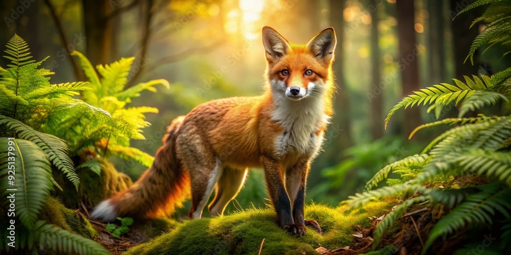 Obraz premium Vibrant orange fox with piercing yellow eyes and bushy tail stands alert in a lush, green forest, surrounded by ferns and sun-dappled trees.