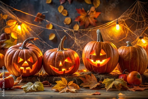 Vibrant orange jack-o'-lanterns aglow with warm, soft lighting, surrounded by autumn leaves and spider webs, exuding a spooky yet inviting atmosphere on a dark Halloween night. photo