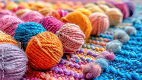 Close-up of balls of wool yarn of different colors arranged on colorful knitted fabric photo