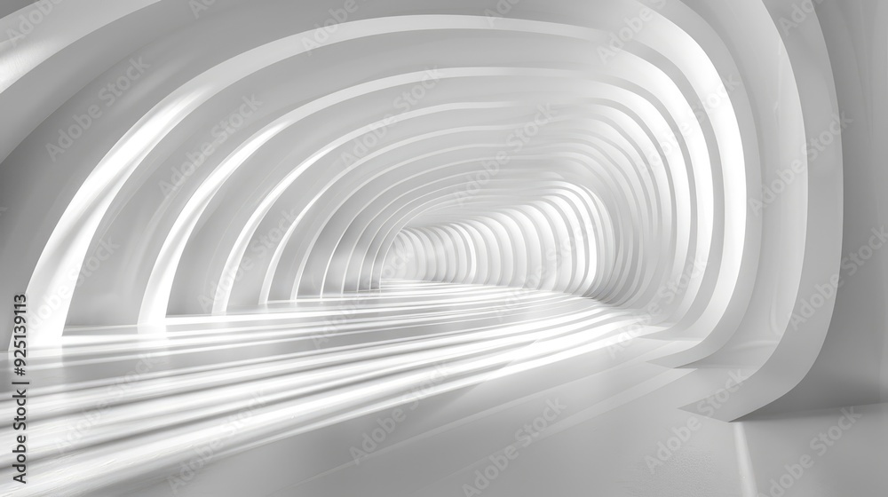 Naklejka premium A white, abstract corridor with intersecting light beams, casting soft, linear reflections onto the concrete floor, emphasizing depth and architectural concept.