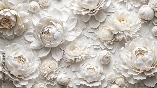 Abstract background of white peony buds, close-up, banner.