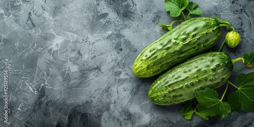 Top view of Armenian striped cucumber Cucumis melo var flexuosus on gray concrete background with copy space photo