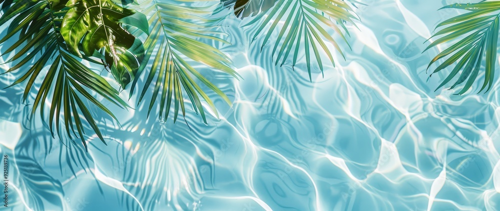 Clear water with green, tropical palm leaves. Summer vacation in paradise. Sea or pool water. Beach holiday concept. Clear water with green, tropical palm leaves. Summer vacation in paradise. Sea or pool water. Beach holiday concept.