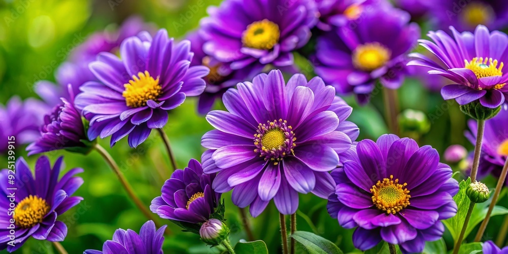 Vibrant purple blooms with delicate petals and yellow centers burst forth from a lush background of bright green leaves, exuding serenity and natural beauty. Vibrant purple blooms with delicate petals and yellow centers burst forth from a lush background of bright green leaves, exuding serenity and natural beauty.