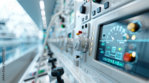 A blue and white control panel with a clock on it