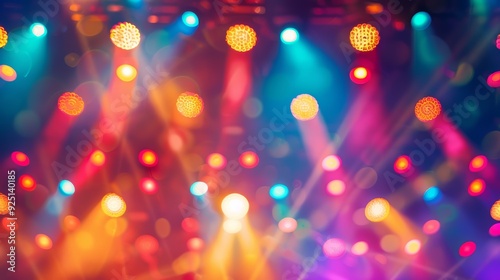 A blurred background of a concert venue with colorful stage lights, capturing the atmosphere of live music. Blurry, vibrant party light with bokeh blur effect at a festival or music event. 