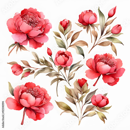 Set of red Pions flowers watercolor isolated on transparent background cutout