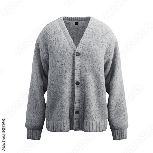 Gray knitted cardigan with button closure and long sleeves.