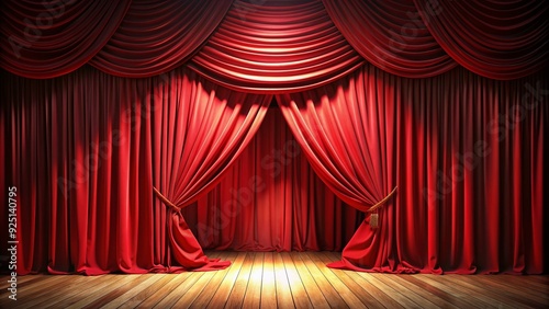 Vibrant red velvet curtain dramatically opens to reveal a bright, spotlight-lit stage, with folds of fabric flowing elegantly, anticipating a grand performance.