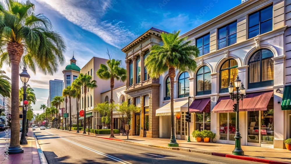 Fototapeta premium Vibrant storefronts line the iconic Rodeo Drive in Beverly Hills, Los Angeles, showcasing luxurious fashion brands and designer boutiques under sunny California skies.