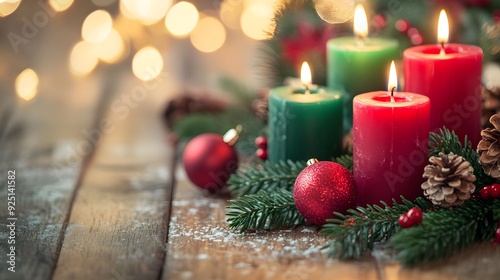 A festive arrangement of red and green candles, pine branches, ornaments, and pinecones on a wooden table, evoking the warmth and coziness of Christmas.