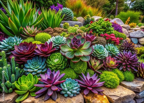 Vibrant succulent garden featuring an assortment of lush green and rich purple plants with varying textures and shapes, set against a natural stone backdrop.