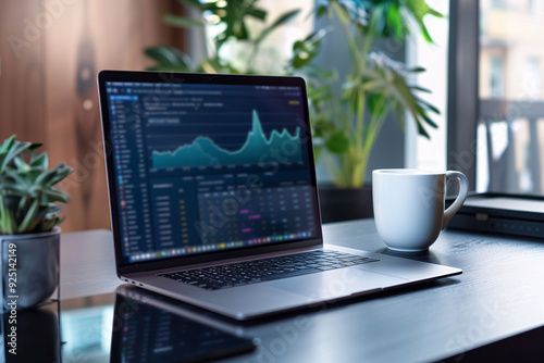 Laptop displaying stock market data and charts on a desk with plants and a coffee cup in a modern workspace.