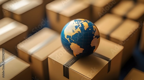 A globe placed on top of a stack of cardboard boxes symbolizes global shipping, logistics, and international trade in the e-commerce industry. photo