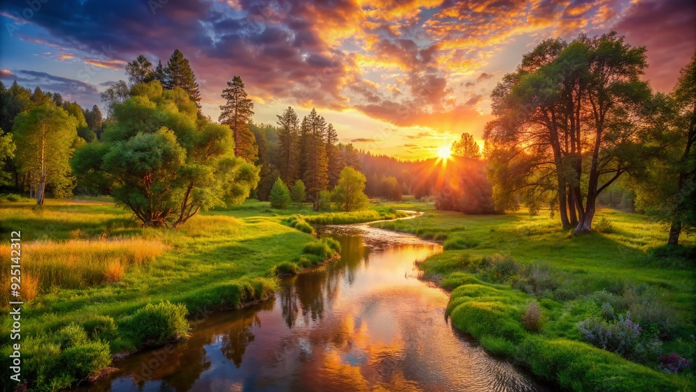 Vibrant sunset illuminates a serene forest, with lush green trees, winding vines, and a meandering stream, evoking feelings of peace and tranquility. Vibrant sunset illuminates a serene forest, with lush green trees, winding vines, and a meandering stream, evoking feelings of peace and tranquility.