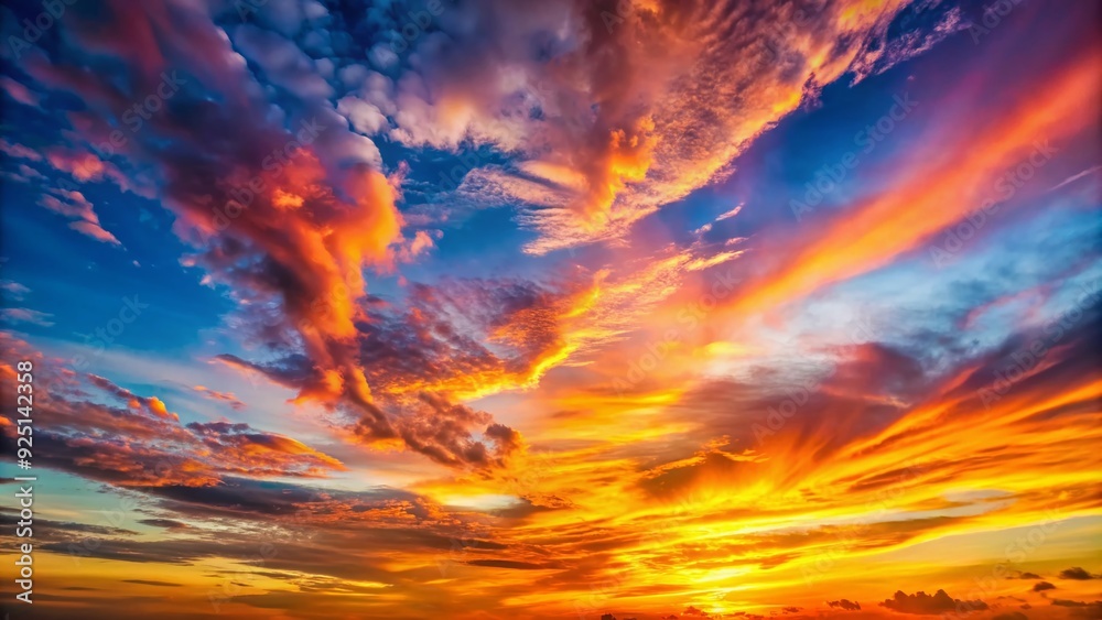 Vibrant sunset sky with warm gold, pink, blue, and multicolored hues, adorned with wispy clouds, perfect for twilight evening and morning sky backgrounds. Vibrant sunset sky with warm gold, pink, blue, and multicolored hues, adorned with wispy clouds, perfect for twilight evening and morning sky backgrounds.