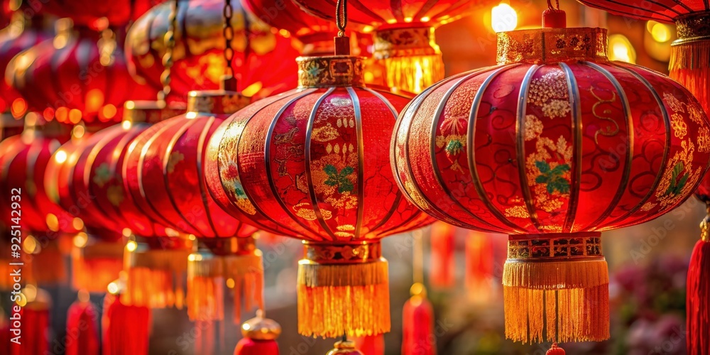 Fototapeta premium Vibrant traditional Chinese red lanterns adorned with intricate designs and tassels, symbolizing prosperity, good fortune, and happiness, hang majestically against a warm, serene background.
