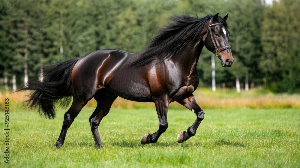 A magnificent black horse rearing gracefully in a lush green field surrounded by vibrant trees under a clear blue sky A magnificent black horse rearing gracefully in a lush green field surrounded by vibrant trees under a clear blue sky