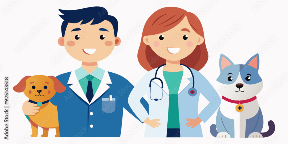 Veterinarians with pets. Man and woman, workers of the vet clinic with a cat and a dog on a white background
Veterinarians with pets. Man and woman, workers of the vet clinic with a cat and a dog on a white background