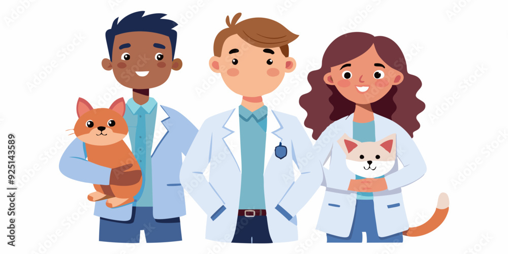 Veterinarians with pets. Man and woman, workers of the vet clinic with a cat and a dog on a white background
Veterinarians with pets. Man and woman, workers of the vet clinic with a cat and a dog on a white background