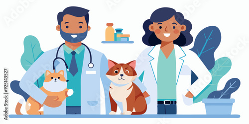 Veterinarians with pets. Man and woman, workers of the vet clinic with a cat and a dog on a white background
