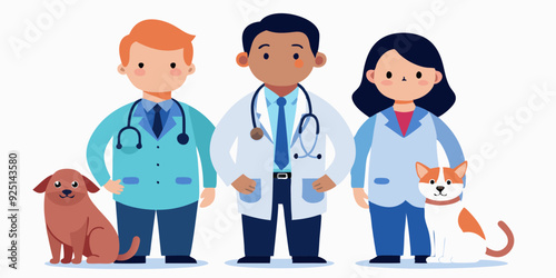 Veterinarians with pets. Man and woman, workers of the vet clinic with a cat and a dog on a white background
