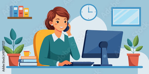 Business woman, entrepreneur or company employee sits at desktop PC and talks on the phone in the office
