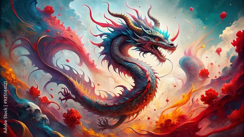 Vibrant watercolor depiction of a fantastical dragon emerging from a swirl of crimson blood, surrounded by abstract splatters and delicate, wispy tendrils. Vibrant watercolor depiction of a fantastical dragon emerging from a swirl of crimson blood, surrounded by abstract splatters and delicate, wispy tendrils.