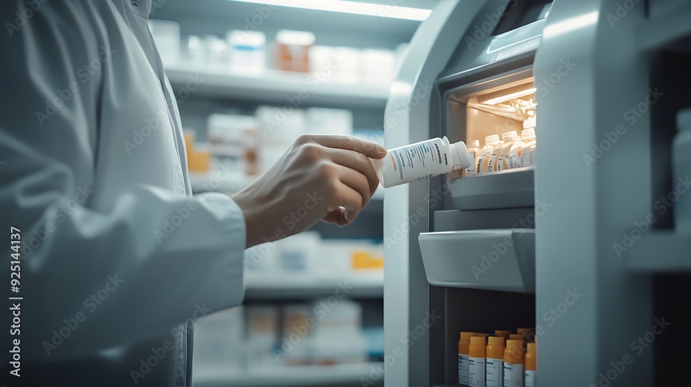 Pharmacist Using Automated Dispensing Machine in a Modern Pharmacy Pharmacist Using Automated Dispensing Machine in a Modern Pharmacy