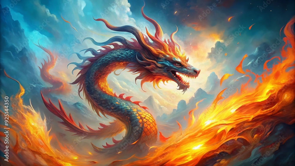 Vibrant watercolor illustration of a fiery dragon emerging from wispy flames, set against a soft blue background with subtle texture and whimsical brushstrokes. Vibrant watercolor illustration of a fiery dragon emerging from wispy flames, set against a soft blue background with subtle texture and whimsical brushstrokes.