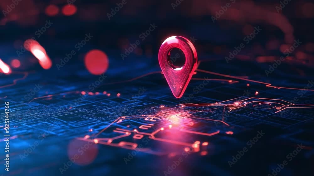 A vibrant navigation marker stands out in a dark, abstract setting, illuminated by floating light particles.