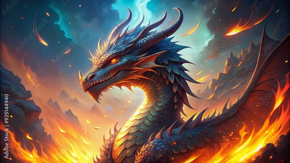 Vibrant watercolor illustration of a majestic dragon surrounded by warm, glowing embers, set against a soft, dreamy background with subtle textures and colors. Vibrant watercolor illustration of a majestic dragon surrounded by warm, glowing embers, set against a soft, dreamy background with subtle textures and colors.
