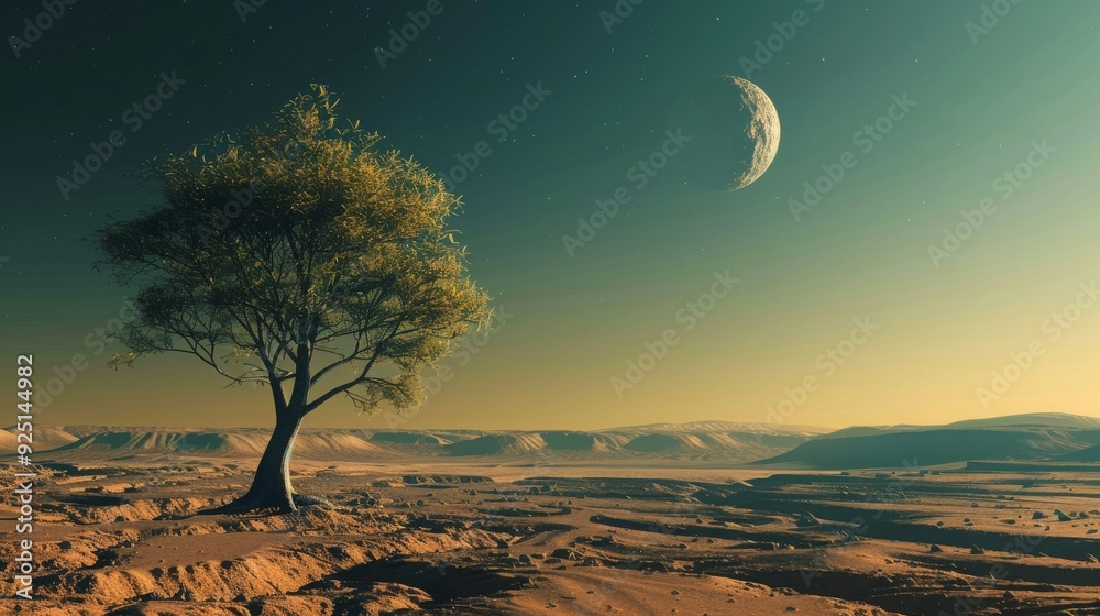 Fototapeta premium lone tree alien desert landscape , isolated tree extraterrestrial environment , unique tree alien planet scenery , extraordinary tree alien world