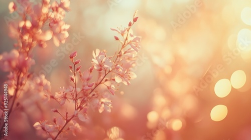 Close-up of spring flowers bathed in sunlight with a dreamy bokeh background in soft pastel colors