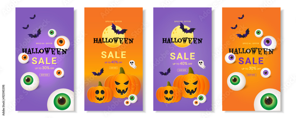 Halloween banner set with cute pumpkins, bats and other holiday elements on purple and orange background. Design template for advertising, web, social media. Vector illustration