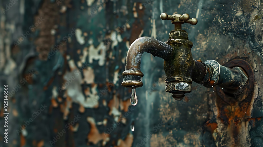 Ancient faucet with a single drop of water