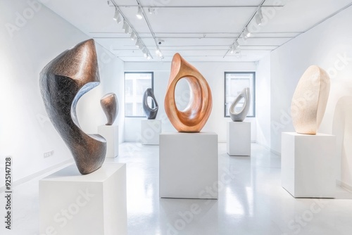 Visitors admire a series of unique abstract sculptures displayed on pedestals in a bright and minimalist contemporary art gallery photo