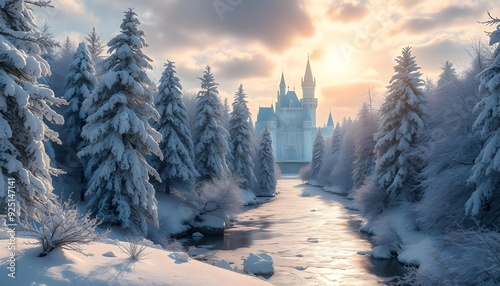 An enchanted winter wonderland with snow-covered trees, a frozen river sparkling in the sunlight, and a magical ice castle 