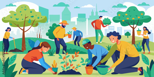 People are planting tree seedlings in the city park. Volunteers or city dwellers, men and women
