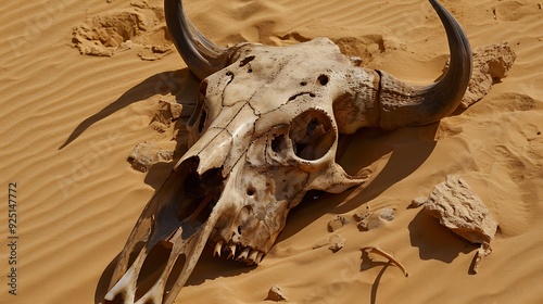 Animal skull with withered tusks lying on sand in the desert