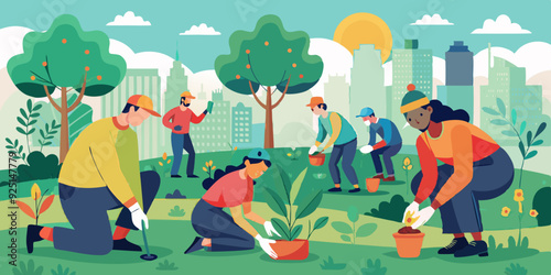 People are planting tree seedlings in the city park. Volunteers or city dwellers, men and women
