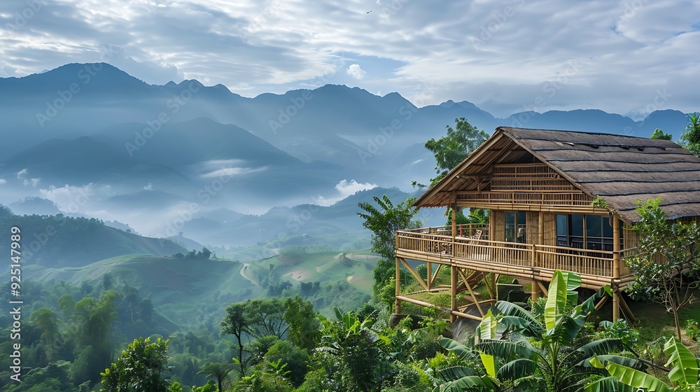 Antique bamboo cabin atop the mountain