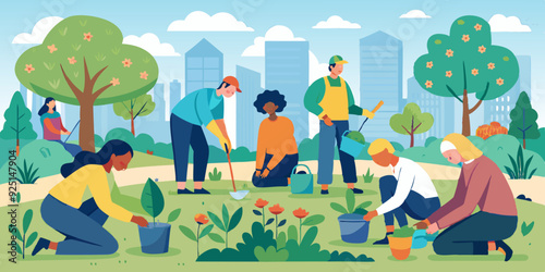 People are planting tree seedlings in the city park. Volunteers or city dwellers, men and women

