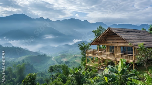 Obraz na płótnie Antique bamboo cabin atop the mountain w salonie