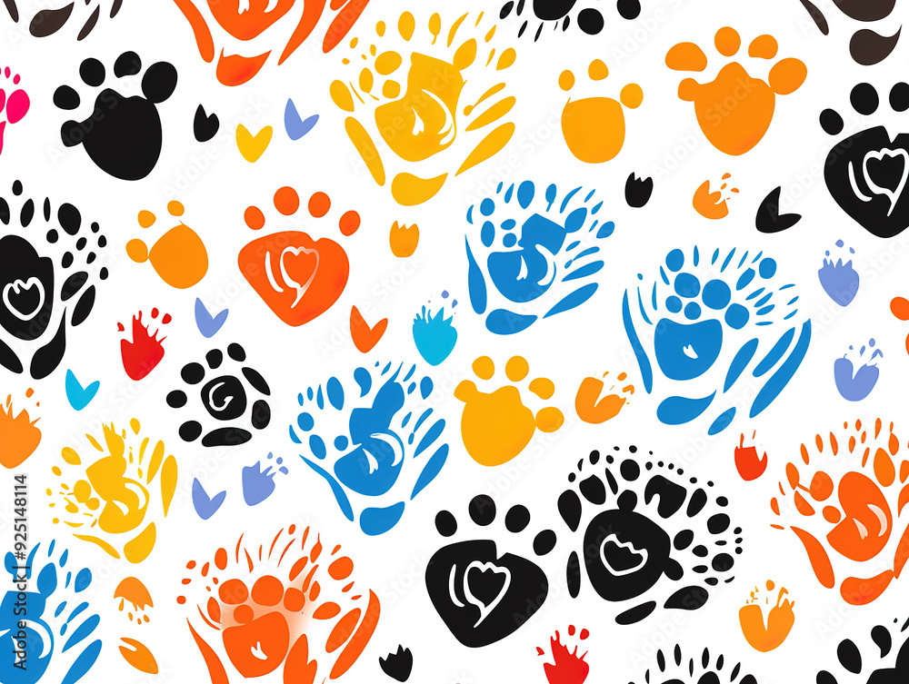 Fototapeta premium Cat and dog footprints seamless pattern pets or animals paw print