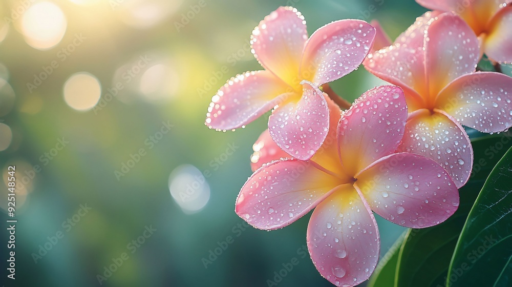 Close-up of pink and yellow plumeria flowers covered in fresh morning dew, softly illuminated by sunlight, with a dreamy bokeh background. Close-up of pink and yellow plumeria flowers covered in fresh morning dew, softly illuminated by sunlight, with a dreamy bokeh background.