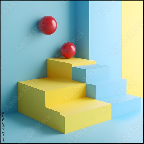 Abstract Geometric Shapes with Red Spheres on Blue and Yellow Background