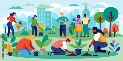 People are planting tree seedlings in the city park. Volunteers or city dwellers, men and women
